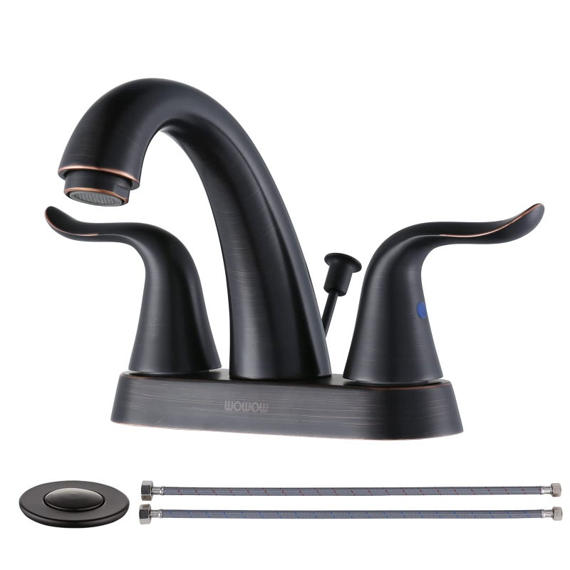 WOWOW Bathroom Faucet 4 inch Centerset Oiled Rubbed Bronze Bathroom Sink Faucet Lift Rod Drain Assembly Stainless Steel Faucets for Bathroom Faucet Retro Lavatory - Image 1
